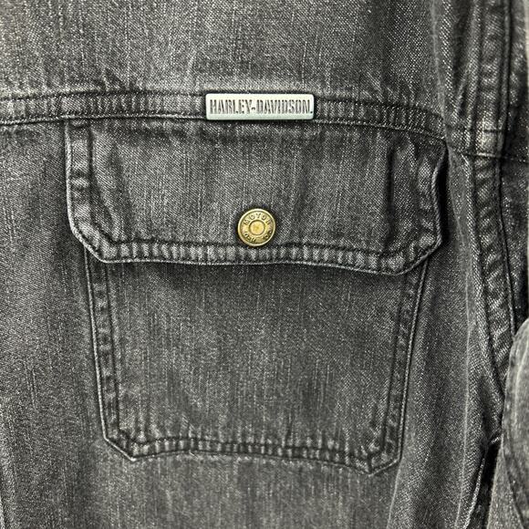 Harley Davidson Black Grey Long Sleeved Denim Logo Patch Shirt Snaps L Large - Picture 3 of 8